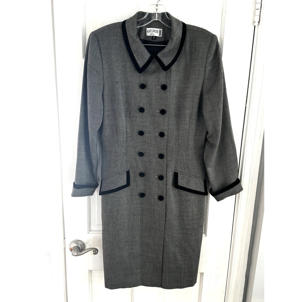 💙Kasper A.S.L. Vtg Wool‎ Blend Long Coat Women's 12 Black Velvet Trim Buttons